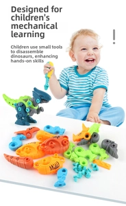 Detail of dinosaur building set with loose parts, plastic screws and assembly tools
