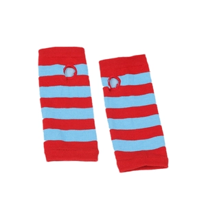 Detailed view of red and blue striped knitted fingerless arm sleeves with thumb holes