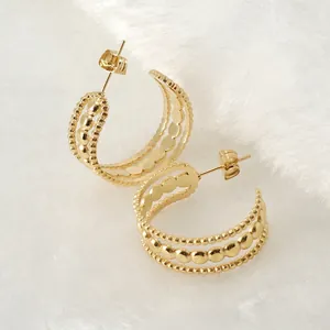 Boucles D'oreilles Créoles Perlées En Acier Inoxydable Plaqué Or 18K Pour Femmes Triple Couche Texture Géométrique En Forme De C