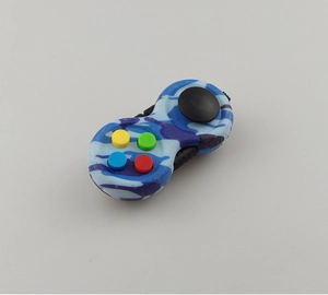 Close-up of blue camouflage decompression toy handle with colorful buttons and joystick