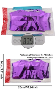 Detailed dimensions and weight of purple metallic foil fringe table skirt for party decor