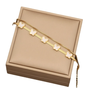 Elegant gold double-layer stainless steel necklace with five white butterfly charms