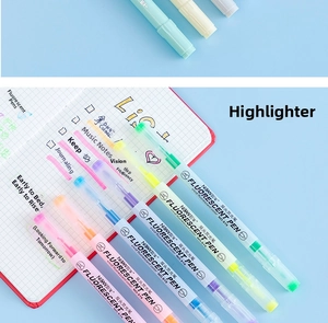 Detailed close-up of 6-color dual-tip fluorescent markers arranged on a planner