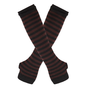 Detail of knitted black and red striped arm warmers with thumb holes and fingerless design