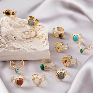 Vintage Stainless Steel Adjustable Ring Bohemian Gold Plated Semi Precious Stone Palace Style Retro Jewelry For Women