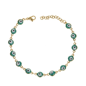 Detail of adjustable gold stainless steel bracelet with green evil eye charms and lobster clasp