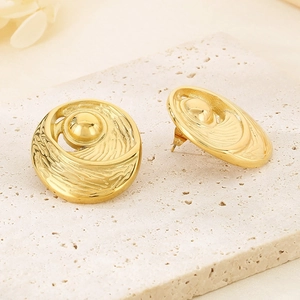 18k gold plated stainless steel stud earrings with geometric spiral texture and center ball