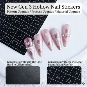 Pochoirs nail art ajourés avec papillons, cœurs et étoiles sur de longs ongles nacrés