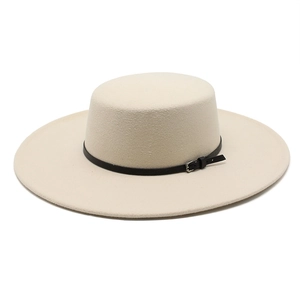Women Wide Brim Boater Hat Flat Top Felt Fedora With Leather Strap Metal Buckle Retro Elegant Vintage Jazz Sun Cap