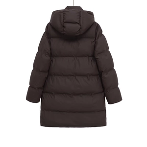Women's long hooded puffer coat in dark brown featuring a quilted back and thick insulation