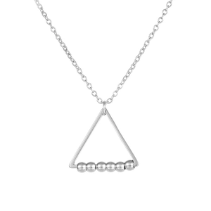 Macro view of silver geometric triangle necklace with six rotatable anxiety beads