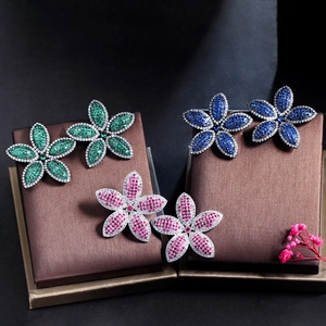 Fashionable gun black leaf earrings set with vibrant multi-color zircon stones