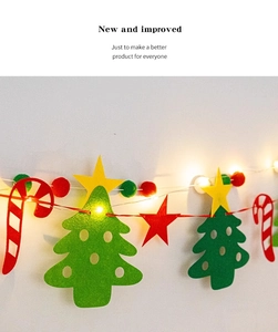 Detail of Christmas felt garland with LED trees stars and candy canes for festive decor