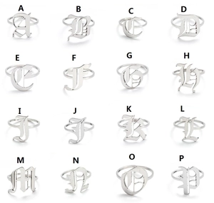 Grid view of vintage Old English letter rings from A to P in polished silver finish