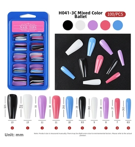 Detailed size chart for colorful ballet press-on nails showing 10 lengths and widths