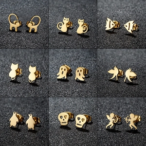 Stainless Steel Stud Earrings Cute Animal Cat Bird Ghost Skull Cupid Minimalist Gothic Fashion Jewelry For Women