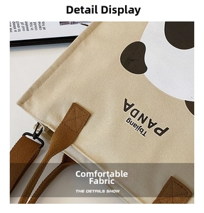 Close-up of durable canvas fabric and cute panda print on large capacity tote bag