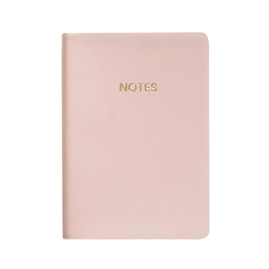 Pink A6 mini notebook with gold 'NOTES' text on faux leather cover, minimalist design
