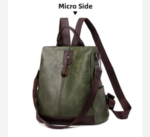 Retro olive green PU leather backpack with deep brown trim and side storage pockets