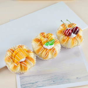 Artificial PU cake and bread models with realistic fruit toppings for window display decor
