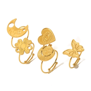 Set of 18k gold vintage titanium steel rings with heart, star and moon charms
