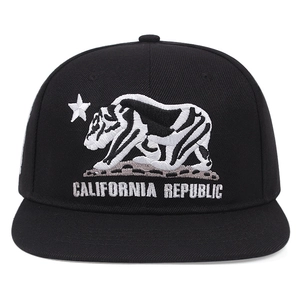 Black California Republic baseball cap with star and bear embroidery on white background