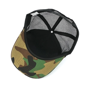 Macro view of inner polyester lining and washing label of the camouflage trucker cap