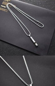 Detailed view of silver whistle pendant featuring a classic box chain in polished metal