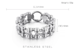 Detail view of punk stainless steel bike chain bracelet with skull icons and dimensions