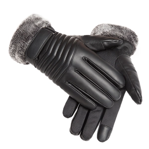 Men's winter black PU leather touchscreen gloves with warm fleece cuffs and non-slip palm