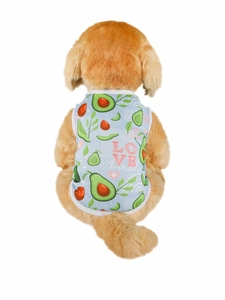 Detail of light blue mesh dog vest featuring cute avocado print and breathable fabric
