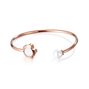 Stainless Steel Cuff Bracelet For Women Elegant Shell Flower And Artificial Pearl Adjustable Opening Bangle Korean Style Jewelry