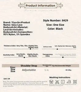 Detailed size chart for sexy black lace bodysuit with adjustable straps and fabric specs