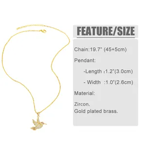 Detailed size chart showing bird pendant dimensions and adjustable necklace chain length