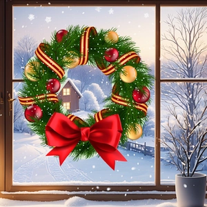 Couronne de Noël classique avec boules rouges et nœud en velours sur une fenêtre