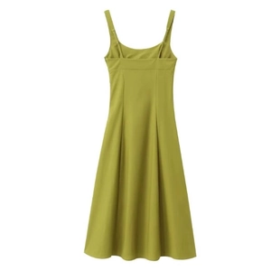 Olive green sleeveless slip dress with a side slit and A-line silhouette on white background