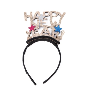 Detail of Happy New Year headband featuring golden glitter letters and colorful stars