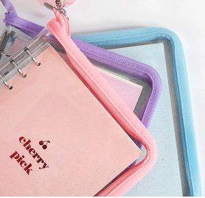 Detail of glitter PVC cherry binder covers with colorful fabric edges and metal rings