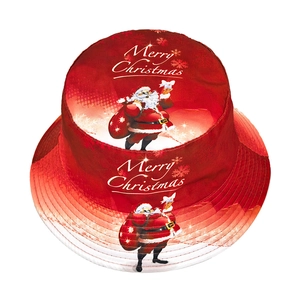 Reversible red Christmas bucket hat with Santa Claus print and Merry Christmas text