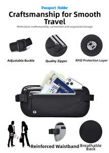 Detail view of RFID blocking passport waist bag with multi-pocket storage and breathable mesh
