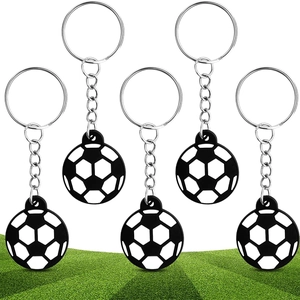 Set of 6 football keychains with black and white soccer ball design and metal rings