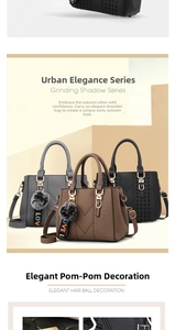 Three leather handbags in black, grey, and brown with fur ball charms and gold hardware