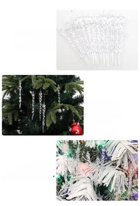 Close-up of clear spiral icicle ornaments on a Christmas tree with festive lights
