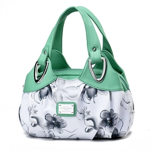 Fashion floral print handbag with green PU handles and metallic plaque for women