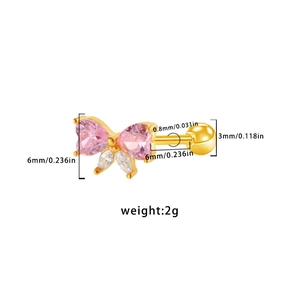 Detail of pink bow-shaped cartilage stud with 0.8mm needle and clear dimensions