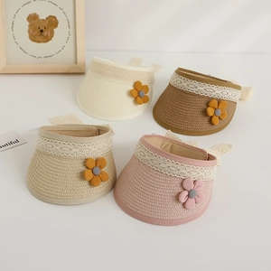 Kids summer straw sun visor hats with lace floral details and adjustable ribbons