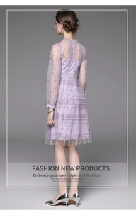 Detail view of lavender lace dress back with mesh embroidery and 3D polka dots
