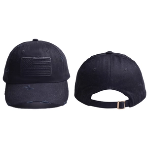 Distressed black baseball cap with American flag patch, front and back view details