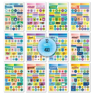 Detailed view of 12-sheet planner sticker set with 480 holiday and monthly activity icons