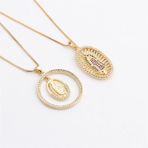 Elegant gold necklaces with Virgin Mary pendants inlaid with colorful zircon stones